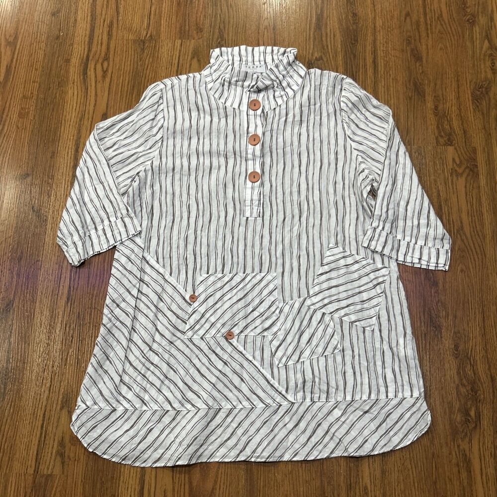 Terra SJ Apparel Tunic Top Large Brown White Wired Collar Lagenlook Shirt Pocket